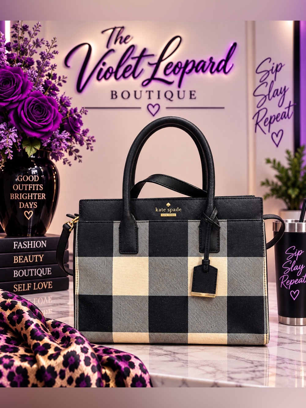 kate spade Black & Cream Plaid Satchel with Gold Accents